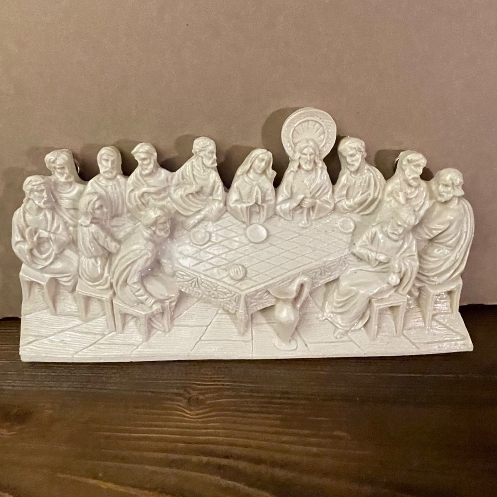 Vintage Alabaster Last Supper Wall Plaque Carved Stone Relief Figurine 11.5"